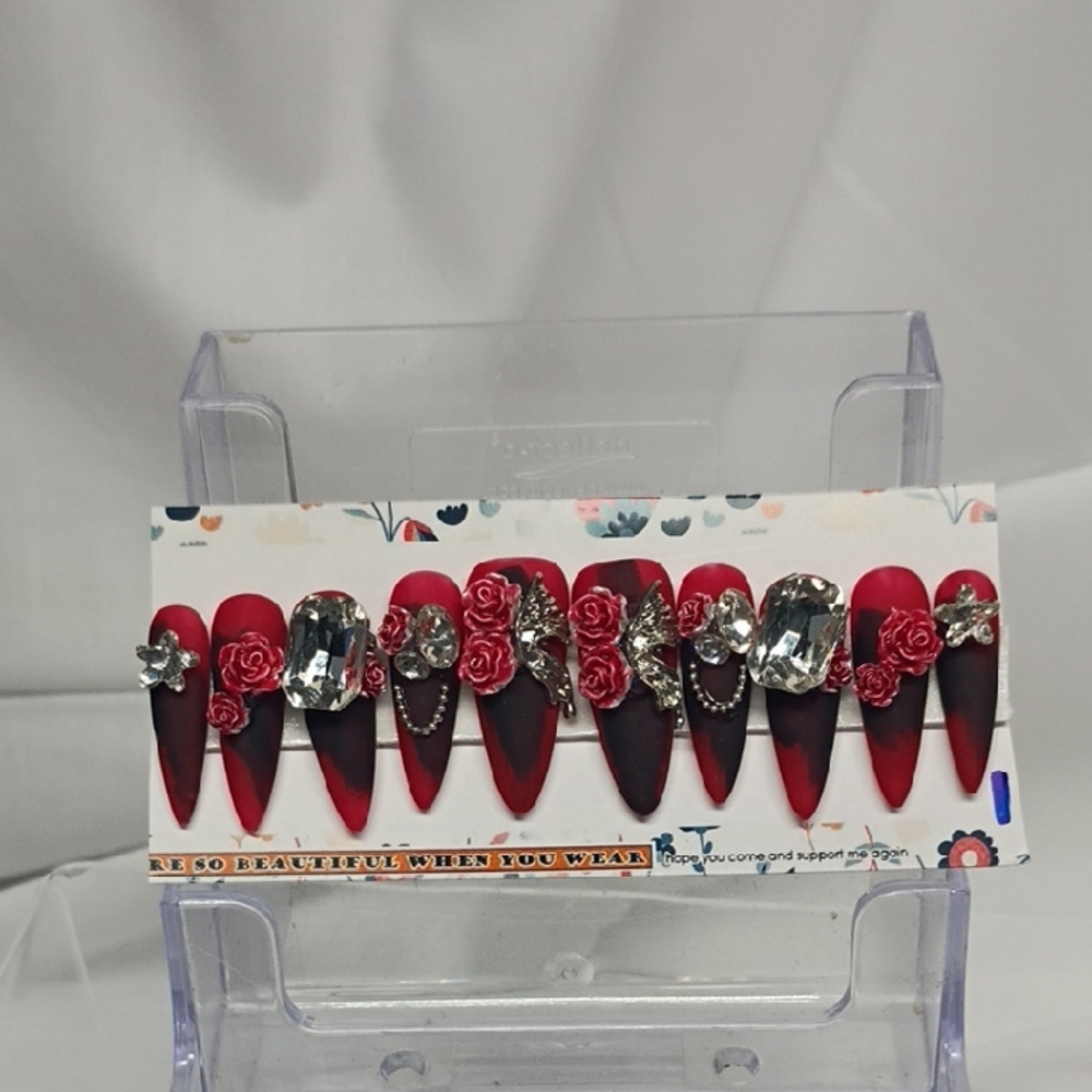 Elegant Red and Black Press-On Nails with Rhinestones